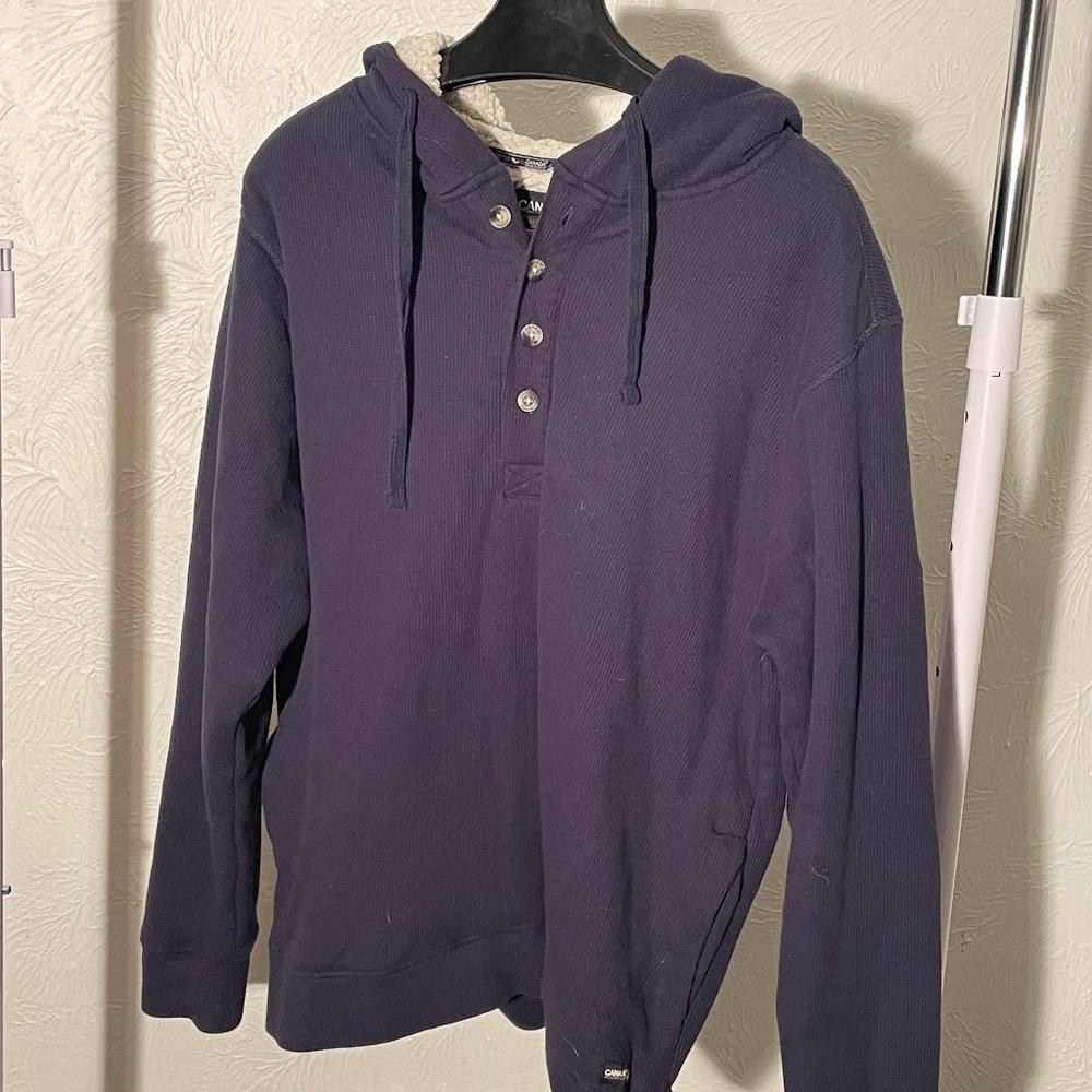mens large navy blue waffle knit henley hoodie